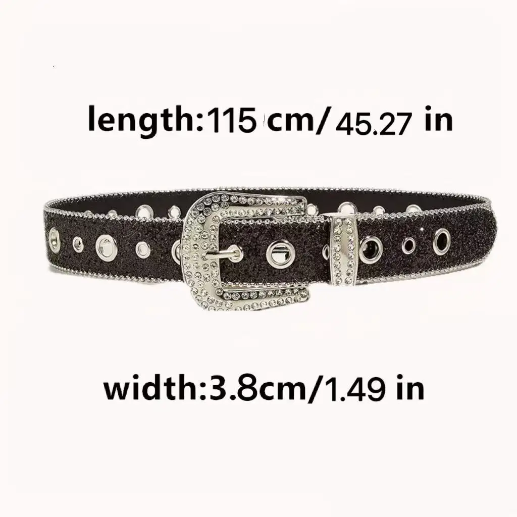 New rhinestone sequin hollow women's belt, stylish versatile pin buckle with studs, wide belt to accessorize jeans