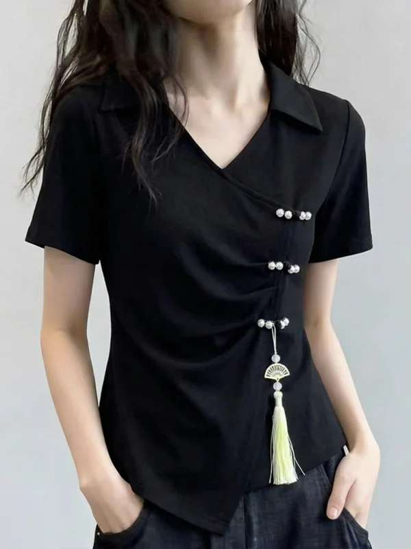 Black V-neck Short-sleeved T-shirt Women's Chinese Style Buttoned Loose Fit Summer New Style plus Size Irregular Top