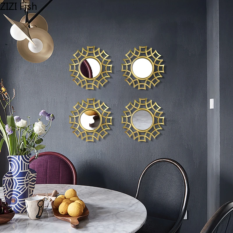 Golden Mirror Background Wall Hanging Wall Decoration Geometric Hollow Mirror Gold Pendant Combination Set Home Decoration