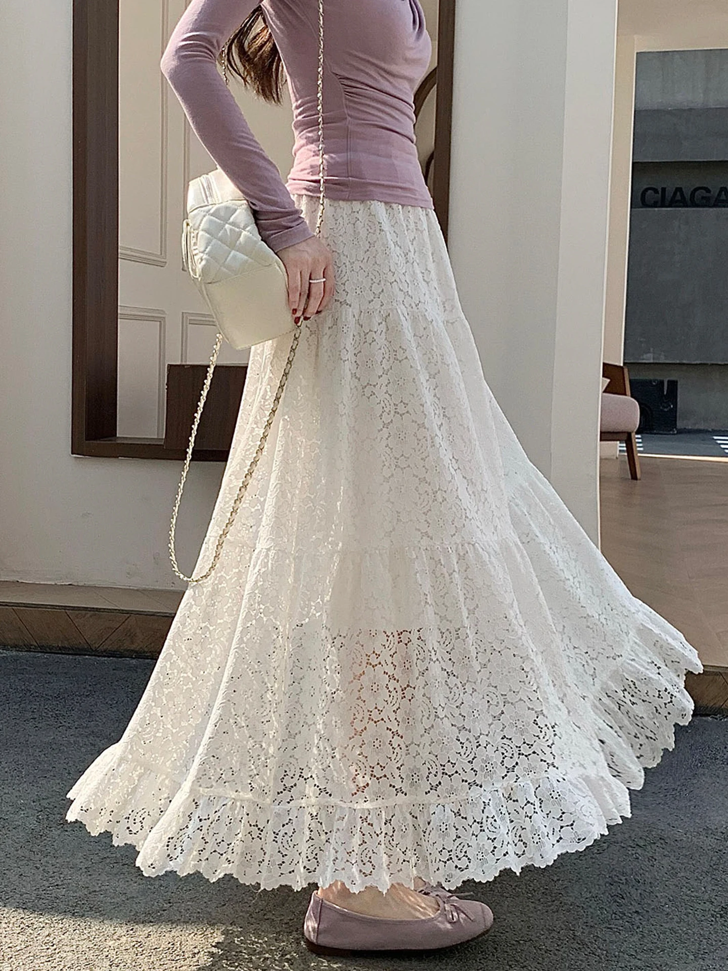 

Emily Clud Recommended Lace Hollow out A-Line Midi Skirt Spring Summer Fairy Long Skirt High Waist Casual Sle for All Body ...