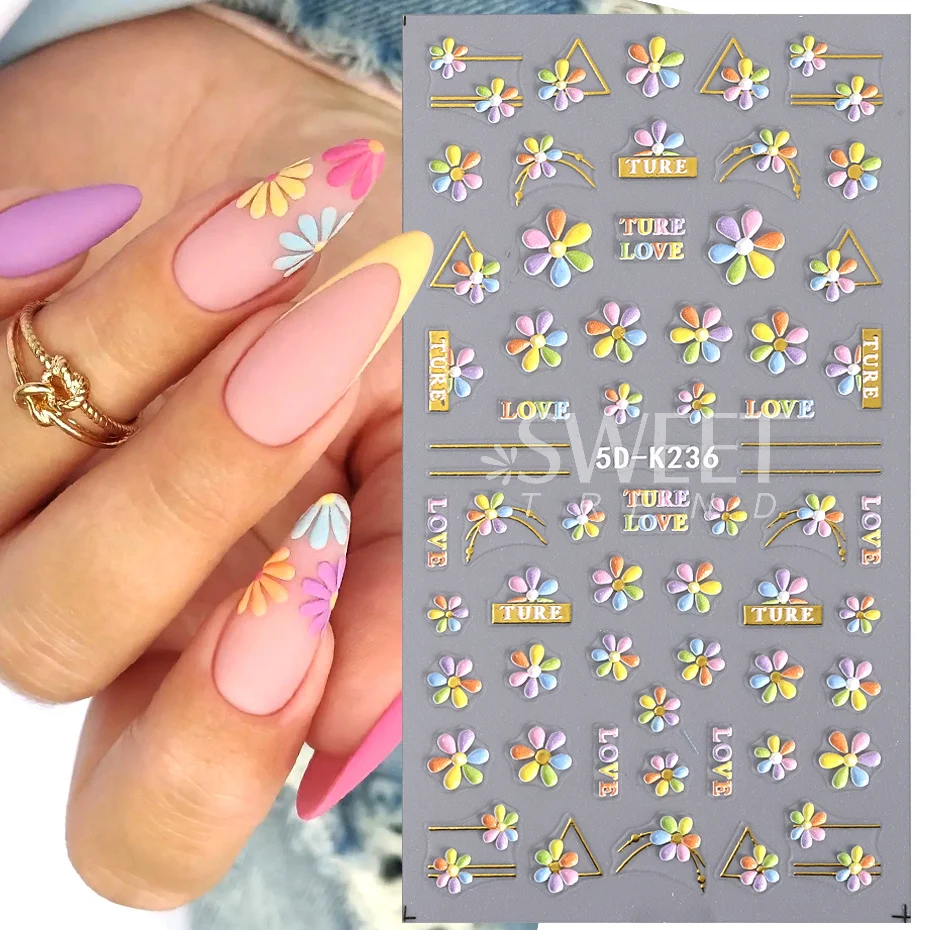 Small Daisy Flowers Nail Embossed Stickers Acrylic Elegant Simple Floral Golden Geometric French Decals Manicure Supplies Foils