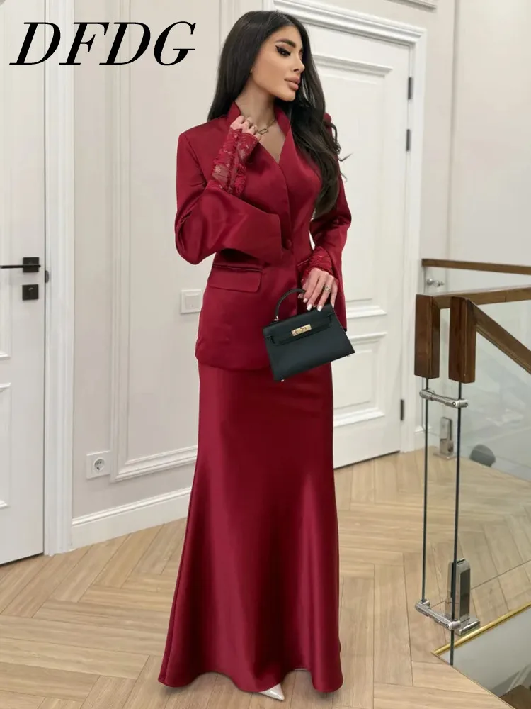 

DFDG Women's Spring Summer Lapel Lace Sleeve Blazer Satin Mermaid Skirt Set Formal Office 2026 Trendy Feminine Fashion Set