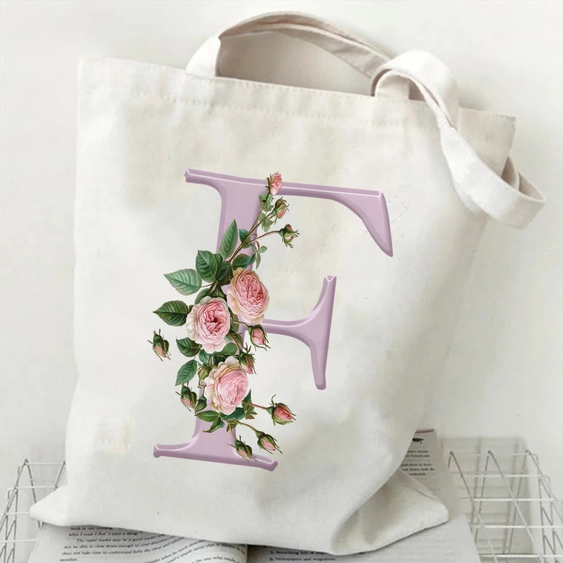 المرأة حقيبة قماشية الورود الأرجواني A-Z 26 إلكتروني طباعة الإناث قابلة لإعادة الاستخدام حقيبة تسوق حقائب الطلاب كتاب حقيبة كتف حقيبة يد