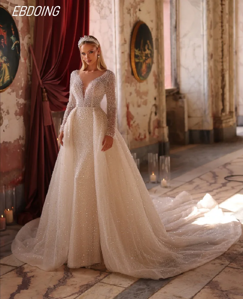 

Свадебное платье «Русалка» 2 в 1, блестящее прозрачное платье с длинными рукавами и длинной открытой спиной, индивидуальные платья невесты Vestidos De Novias