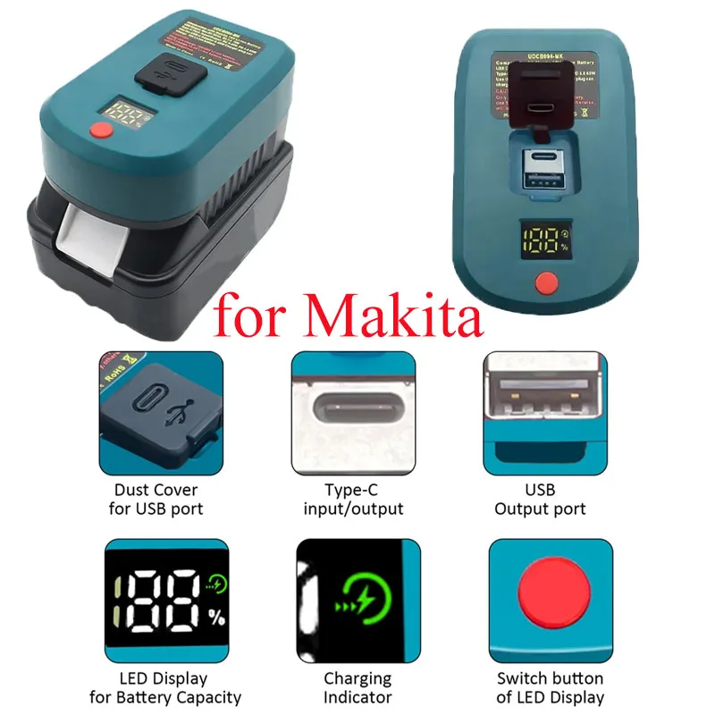 65W Portable Adapter Charger with Type-C and USB Ports Type-C Reversible Charging for Makita 18V Li-Ion Batteries Rapid Charger