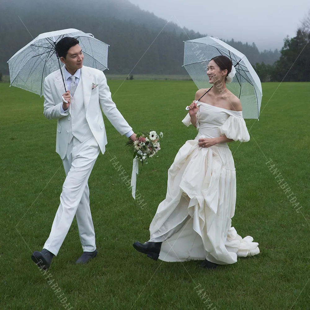 Boat Neckline Taffeta Wedding Dress A Line Off The Shoulder Floor Length Simple Bridal Gown Lace Up Back Elegant Bridal Dress