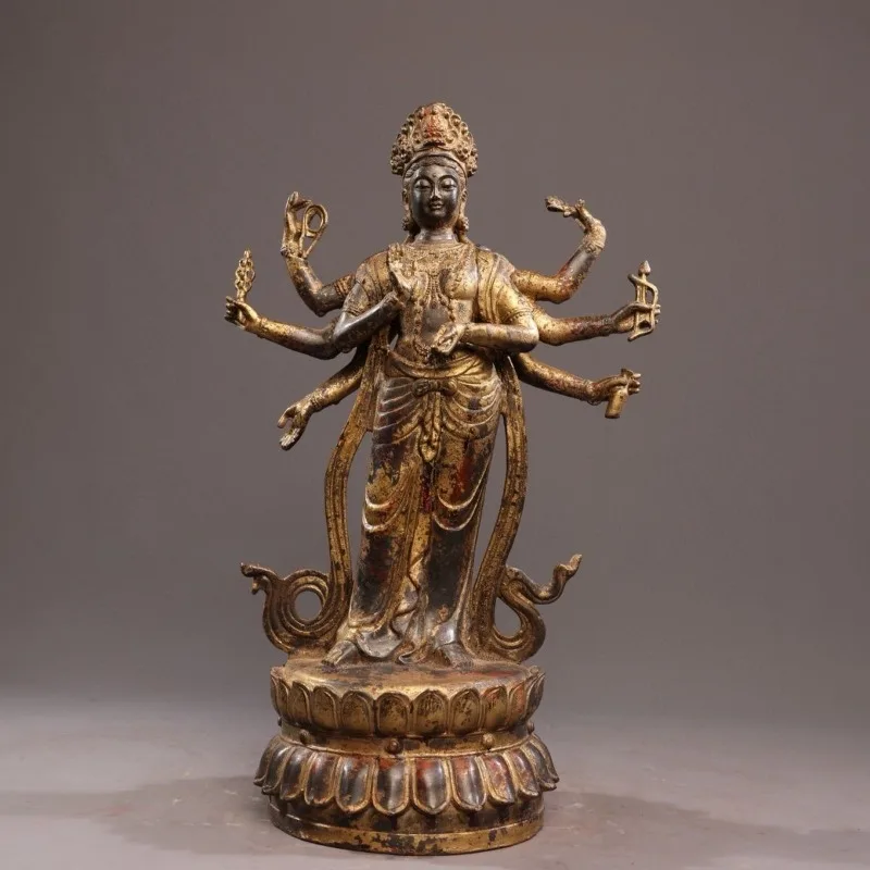 Antique Eight-Arm Avalokitesvara Statue Lotus Pedestal Buddhist Collectible Figurine Meditation Home Temple Worship Decor Gift