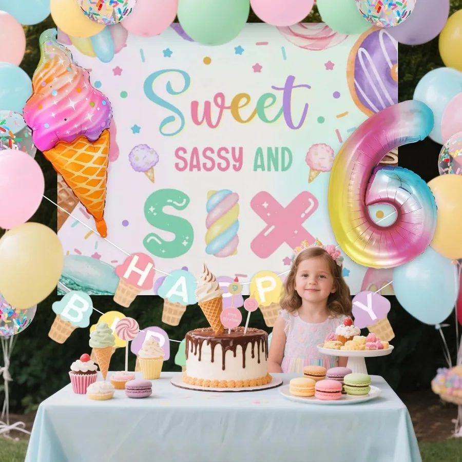 Zoete Sassy en zes verjaardagsdecoraties voor 6-jarig meisje Verjaardagsfeestje Decor Ijs Donut Achtergrond Ballonnen Macaron Bab