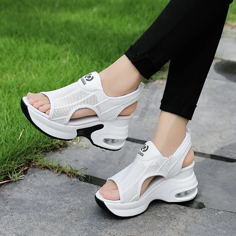 Retro Black Mesh Platform Sandals Korean Peep Toe Hollow Wedges Heighten Shoes 8cm Summer New Non-Slip Air Cushion Tennis Shoes