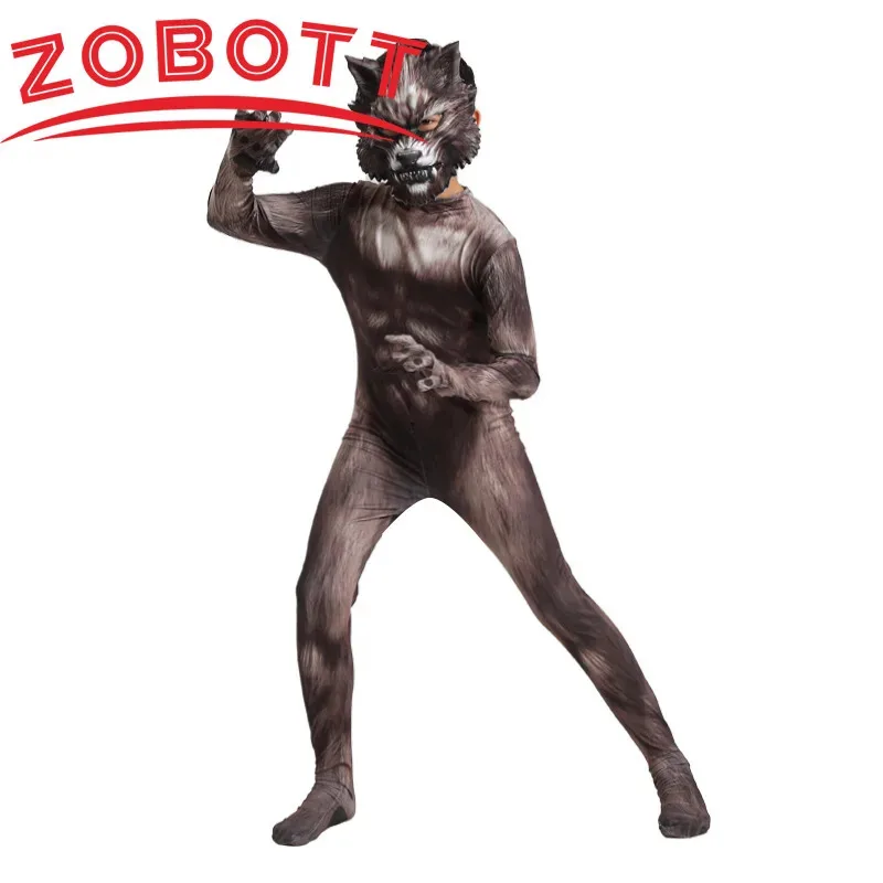 

Werewolf Cosplay Costume Jumpsuit 3D Mask Suit Bodysuit Carnival Birthday Party Clothes Animal Wolf Costume for Boys Adult