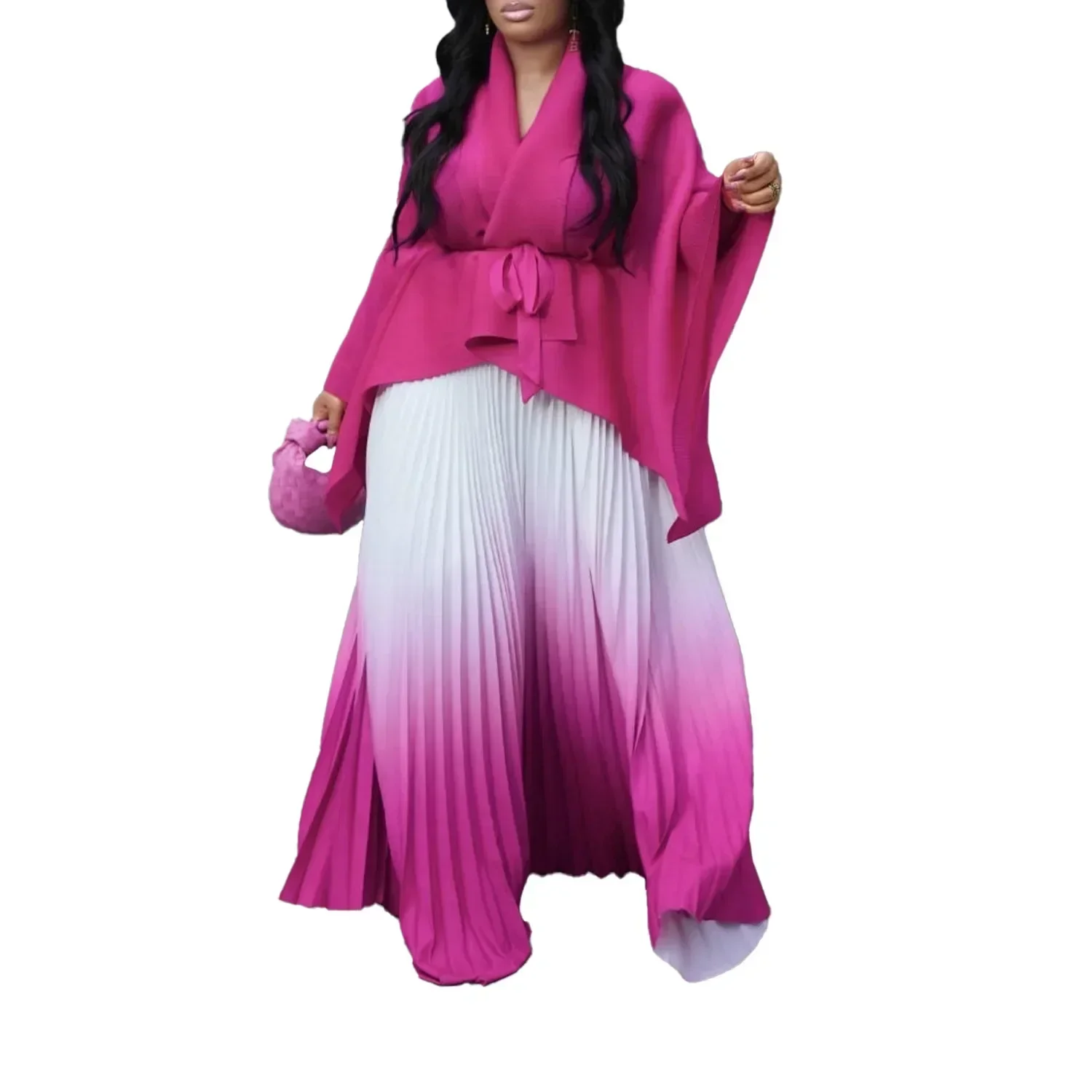 Autumn Fashion 2024 Long Sleeve V-neck Polyester Party Evening 2 Pieces Top Long Skirts Matching Sets African Clothes for Women