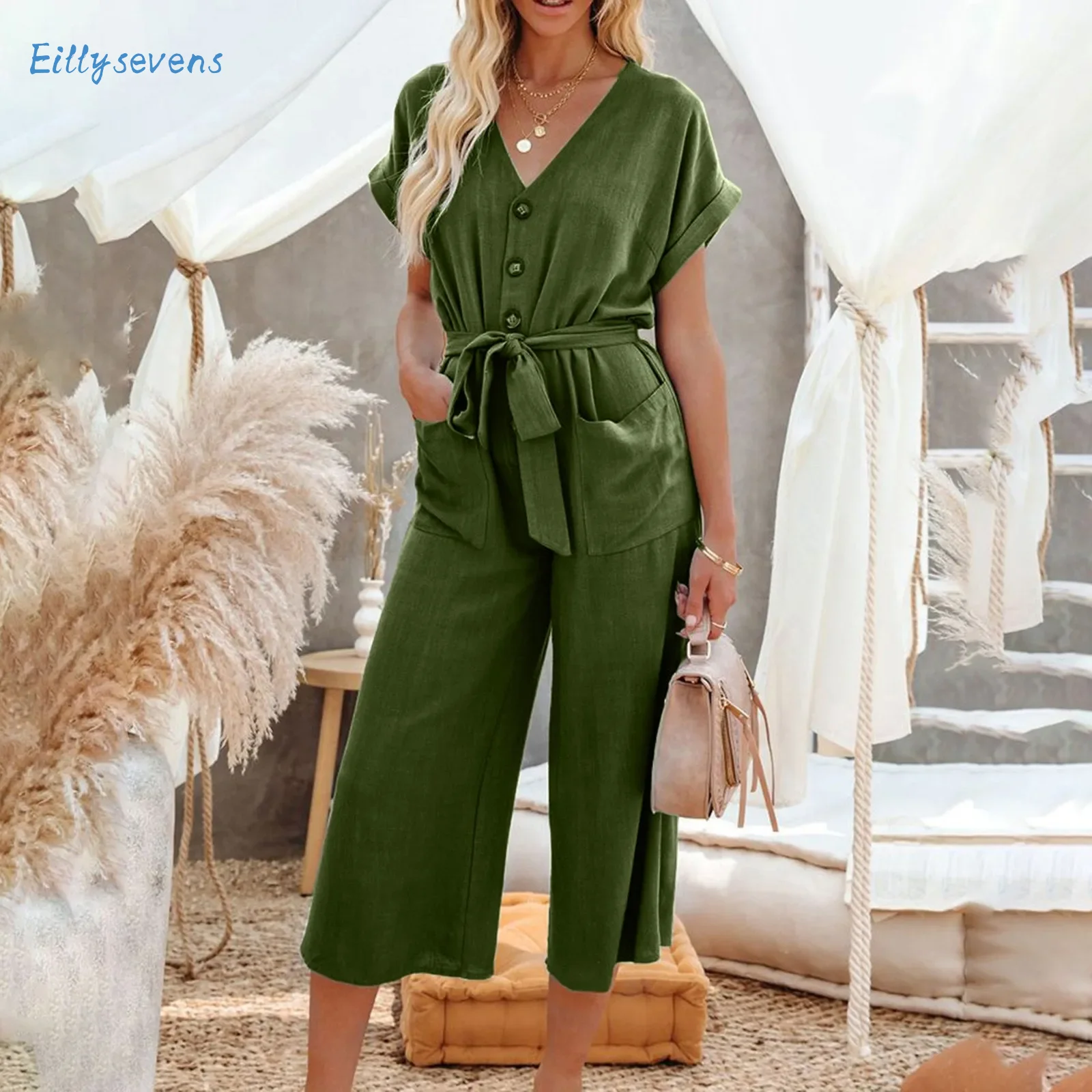 Women'S Flax Jumpsuits Casual Button Up Lace-Up V-Neck Jumpsuit Casual Loose Short Sleeve Cropped Jumpsuit With Pockets