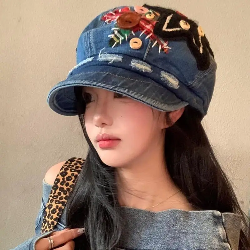 270D زر ستار مرقعة قبعة بيريه للنساء تنفس قبعة أجرة 2000s فتاة المتعثرة الرسام قبعة فاسق أغطية الرأس يوميا