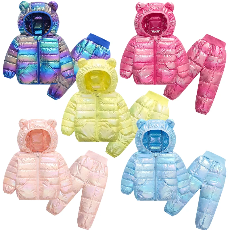 

1-5 Years Winter Boys Girls Down Clothing Set Colorful Thick Keep Warm Hooded Jacket + Pants 2Pcs Outfit For Kids