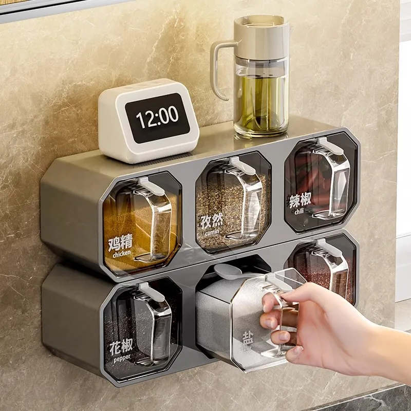 Wall-mounted Seasoning Box Spice Rack Jar Sugar Bowl Salt Shaker Seasoning Container Spice Boxes with Spoons Kitchen Organizer