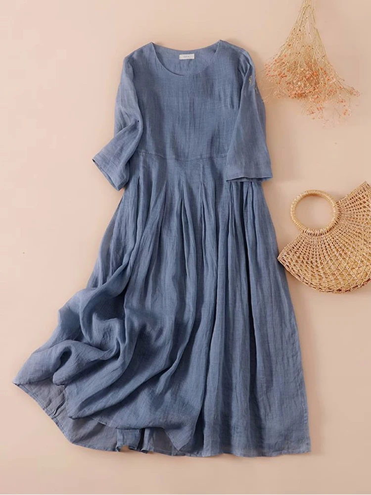 Cotton Blends Literature Chic Women Dresses 2024 New O-Neck Half Sleeve Patchwork Summer Dress Solid Retro Sundress Robe Femme