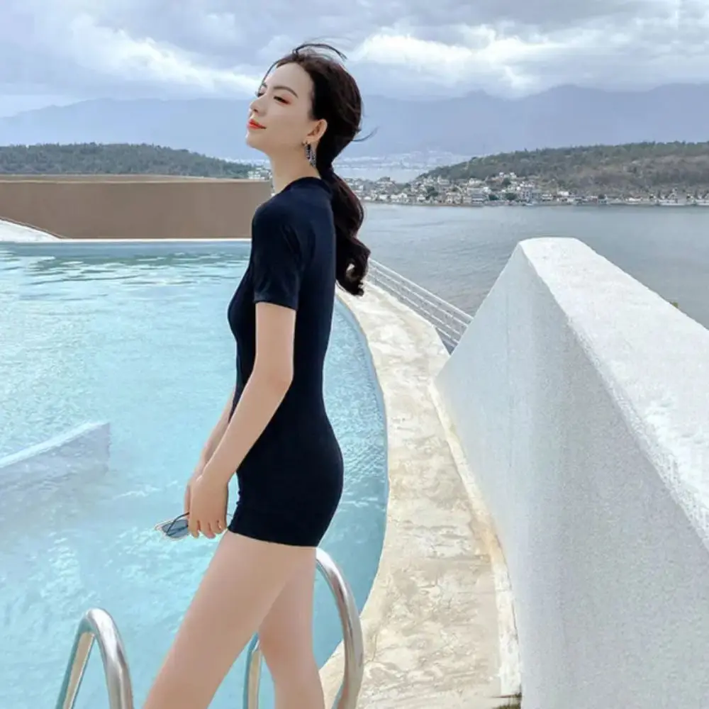 

Шорты с коротким рукавом, купальный костюм, однотонный цельный купальник с высоким воротником, синий купальный костюм с высоким воротником, горячий источник