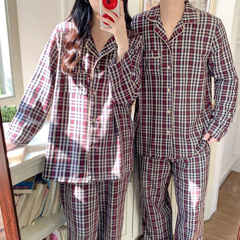 Vintage Plaid Autumn Pajamas Set Women Single Breasted Shirts + Trousers Cotton Couple Lovers Sleepwear Home Suit Casual Elegant