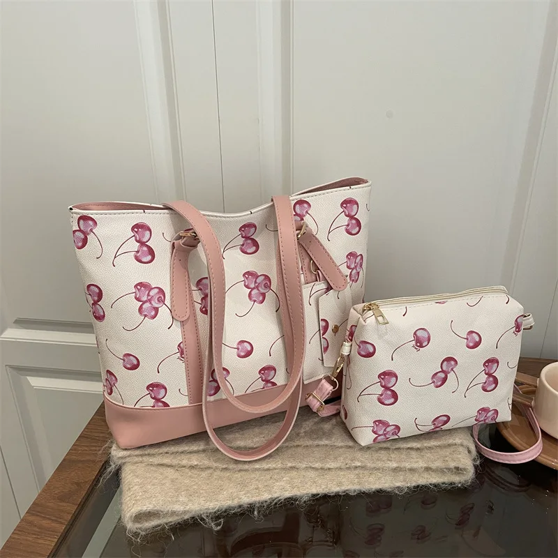 

Simple Cherry 3pcs Set Shoulder Bags for Women Large Capacity Ladies Pu Crossbody Bag Portable Female Shopping Tote Handbags