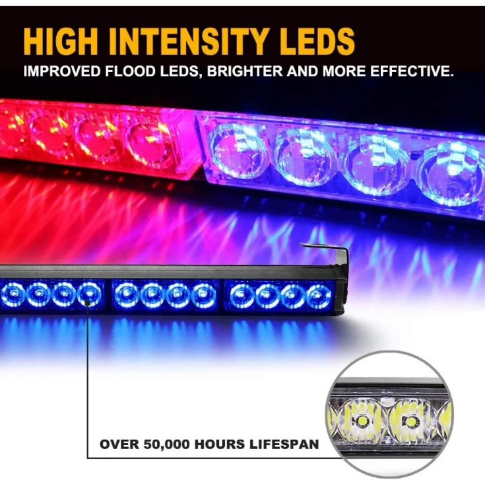 36 LED 35.5'' Red Blue 13 Modes Emergency Warning Traffic Advisor Vehicle LED Strobe Light Bar with Large Suction Cups and Cigar