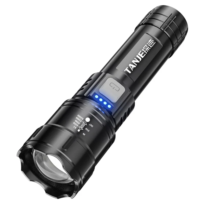 LED Flashlight Super Bright Outdoor Rechargeable USB Telescopic Zoom Focus Emergency Household Digital Display Torch Light