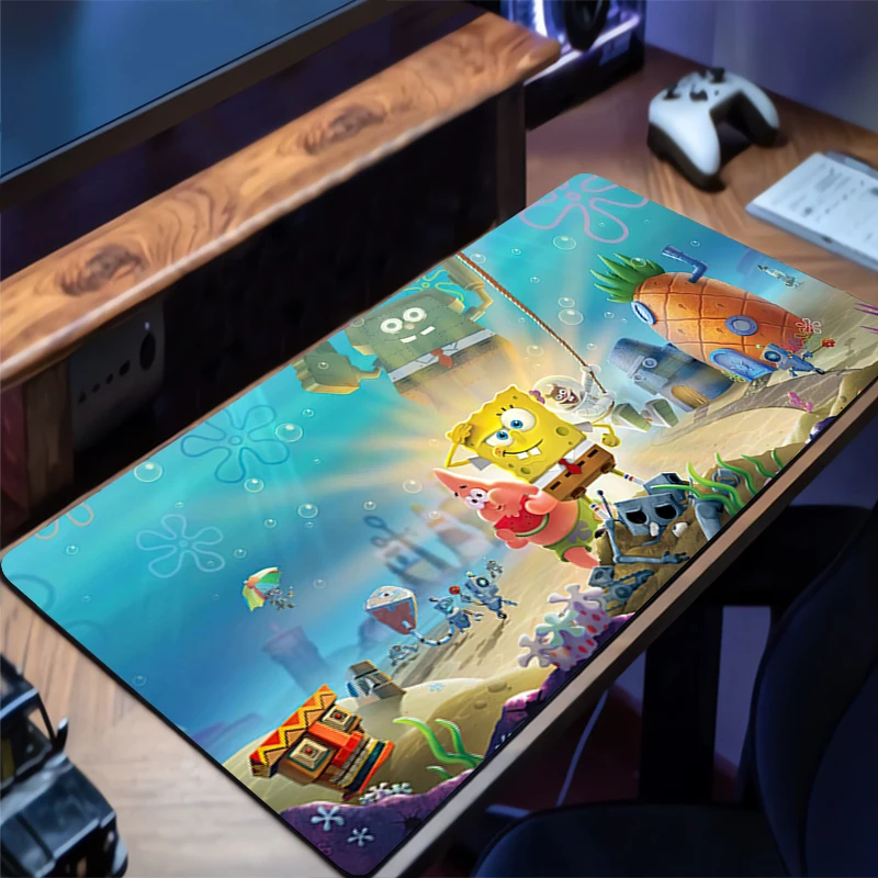 Alas Mouse Gaming Ekstra Besar dengan Tepi Jahitan, Alas Meja SpongeBob SquarePants, Alas Keyboard Komputer Anti Selip