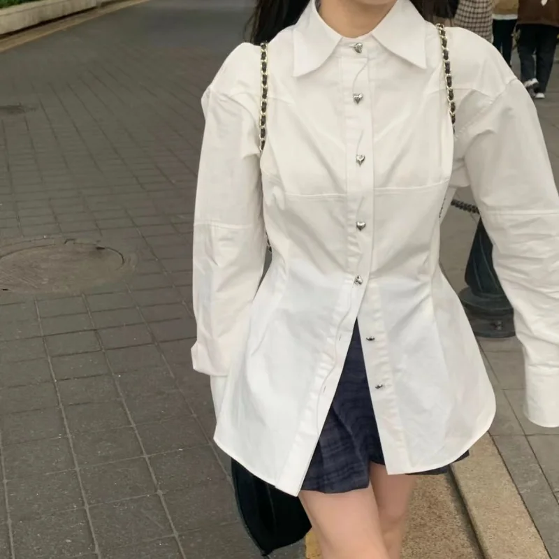 QWEEK Korean Fashion Women's White Shirt Preppy Cotton Elegant Blouses Oversized Long Sleeve Top Female Tunic Vintage Aesthetic