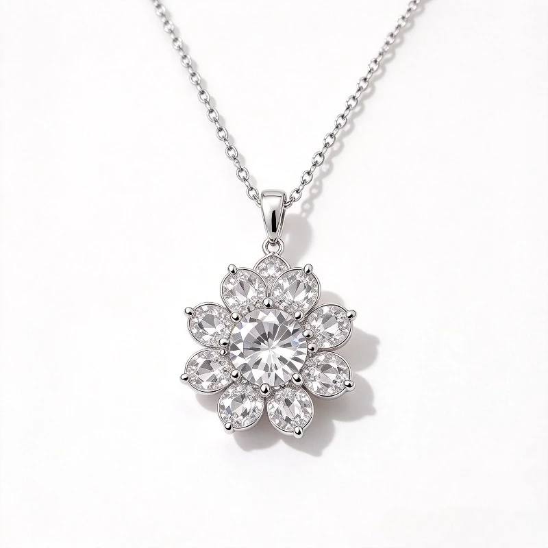 Sunflower Shape Cubic Zirconia Cluster Pendant Necklace for Women, Silver Plated Copper Alloy Cable Chain, Classic Glam Floral Style Jewelry, Ideal for Daily Wear, Wedding, Party, Anniversary, Birthday and Holiday Gift for Ladies