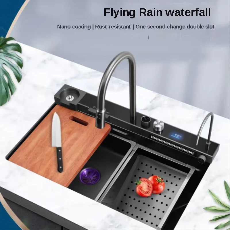 Waterfall Digital Display Honeycomb Nano Black Kitchen Sink Stainless Steel Oil-Resistant Piano Button Single Sink Faucet Set