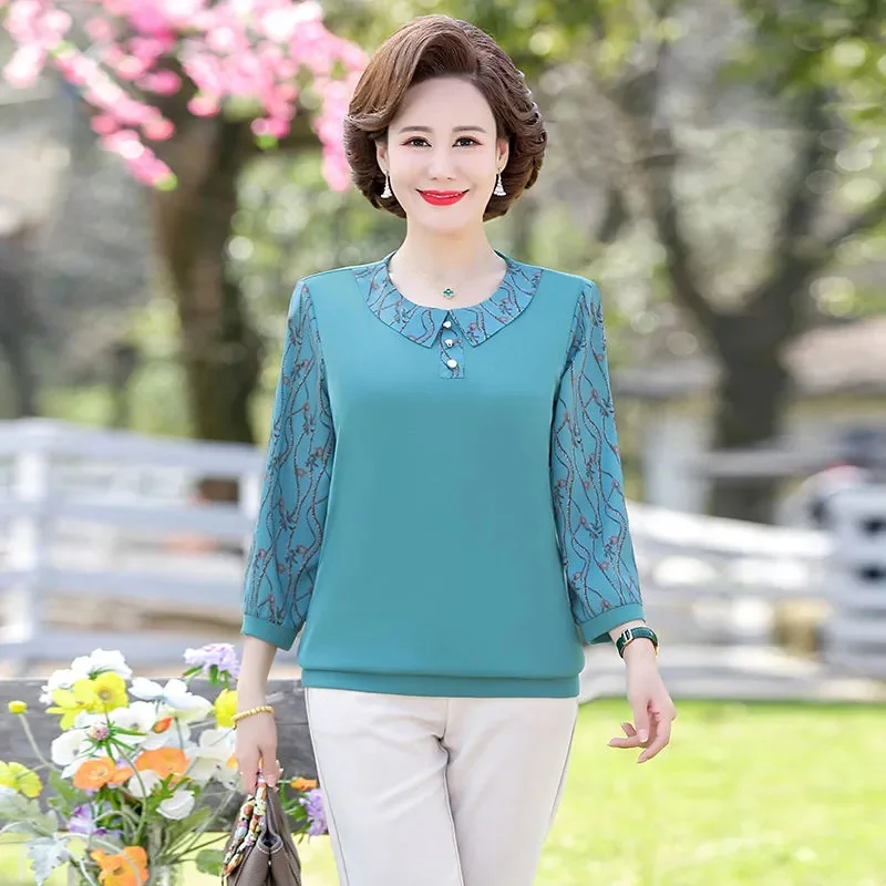 

Mid Aged Elderly Women's T-Shirt Summer Fashion Nine Quarter Sleeved Round Neck Printed Tops 2024 New T-Shirt Female Size 5XL