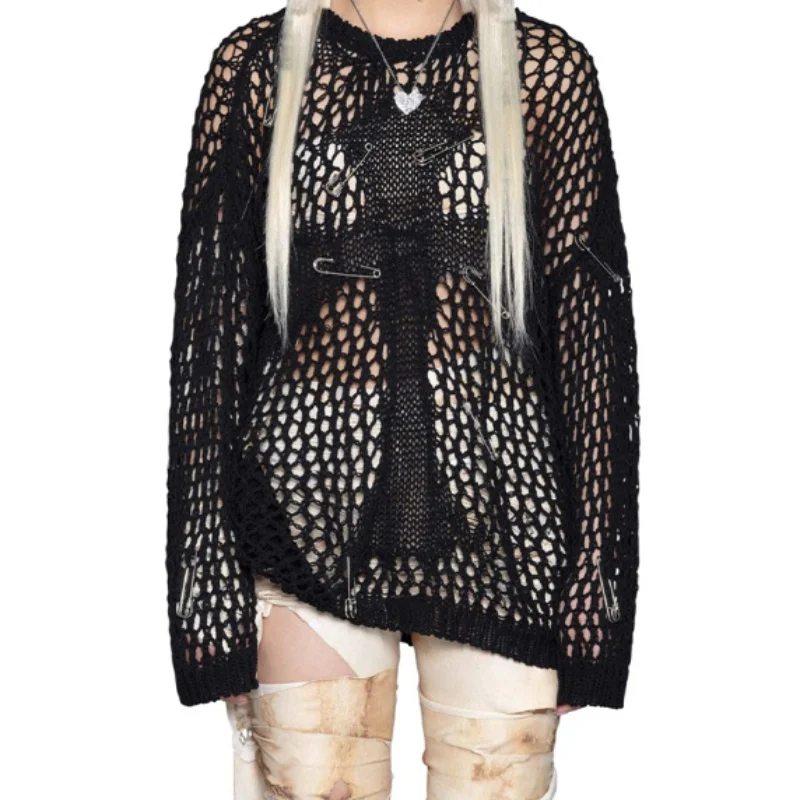 Atasan Rajut Gothic Y2K Berlubang Wanita, Atasan Smock Lengan Panjang Transparan, Sweater Jaring, Rajutan Longgar, Atasan Chic Terbaru 2025