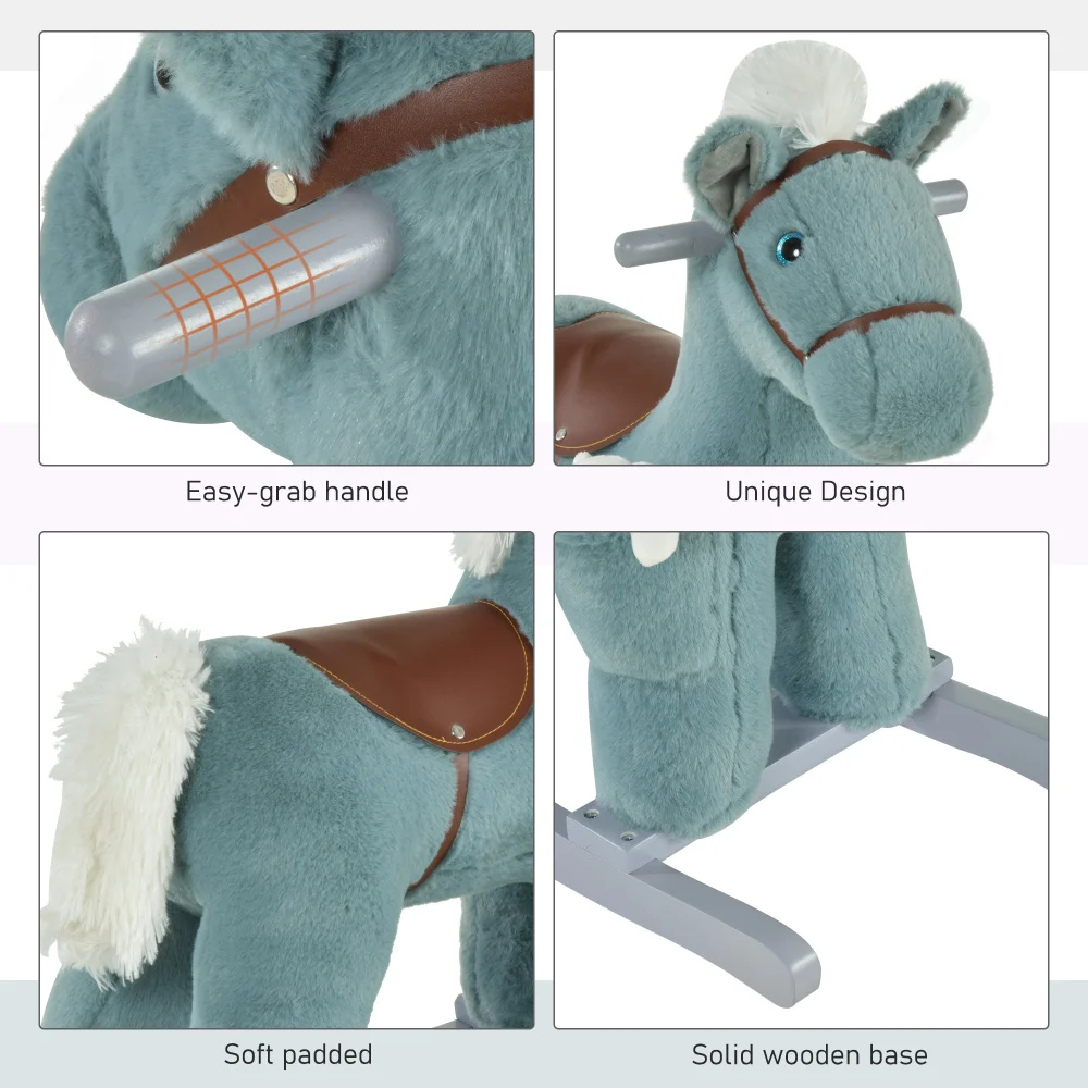 Kinderpluche oprit-op hobbelpaard met beerspeelgoed, kinderstoel met zacht knuffel en leuke realistische geluiden, blauw