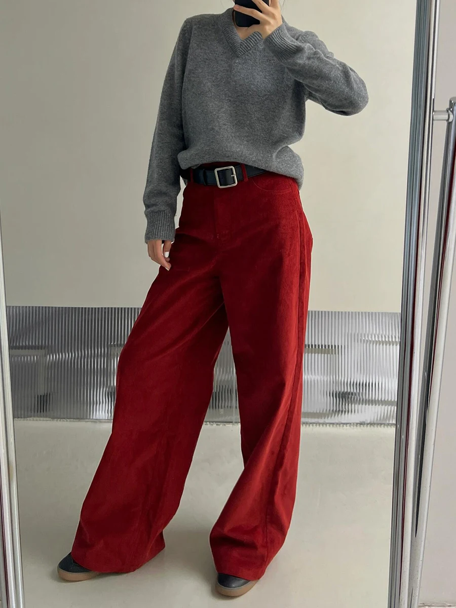 ReddaChic Women's Velvet Wide Pants New Year Party Vintage Red Plain Clean Fit High Waist Trousers Work Casual Everyday Wear