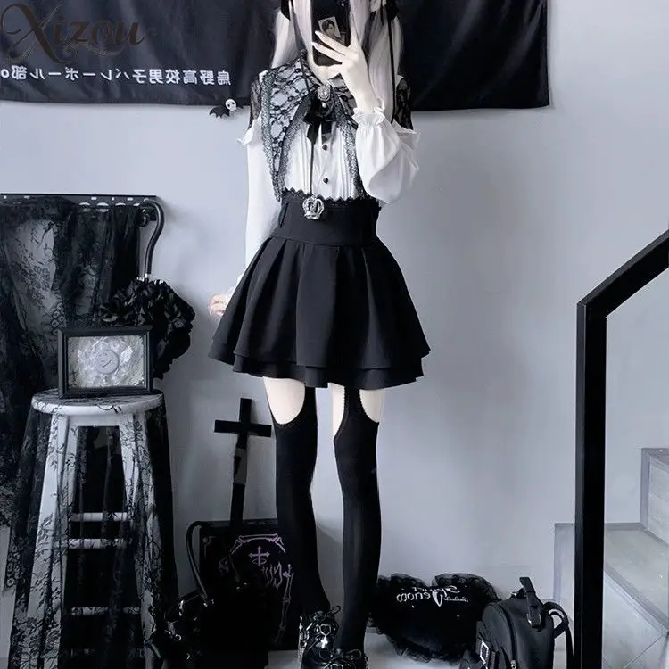 Gothic Lolita dames 2-delige sets geplooid shirt met lange mouwen en rok met riem matrozenkraag set effen kleur damesoutfit