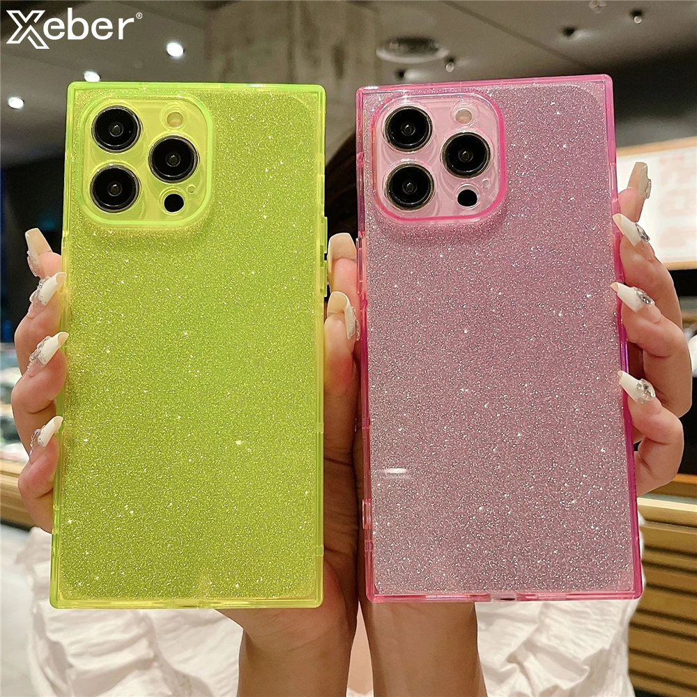 Luxury Transparent Fluorescent Neon Color Glitter Phone Case For iPhone 17 16 14 11 12 13 15 Pro Max Plus TPU Silicone Cover