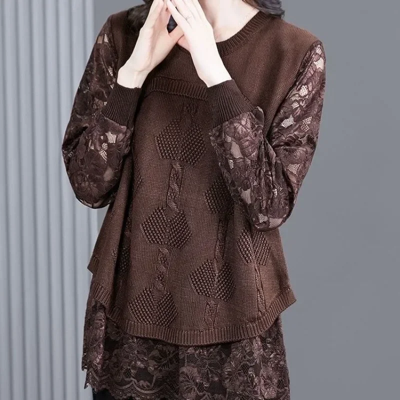 Spring and Autumn Women\'s Pullover Round Neck Solid Color Patched Lace Loose Fit Long Sleeve Medium Length Underlay  Tops F575