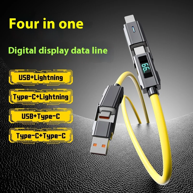

Кабель для передачи данных с цифровым дисплеем Typec, силиконовый кабель для быстрой зарядки Pd «четыре в одном», One Pull, четыре USB-кабеля для зарядки телефона Android.