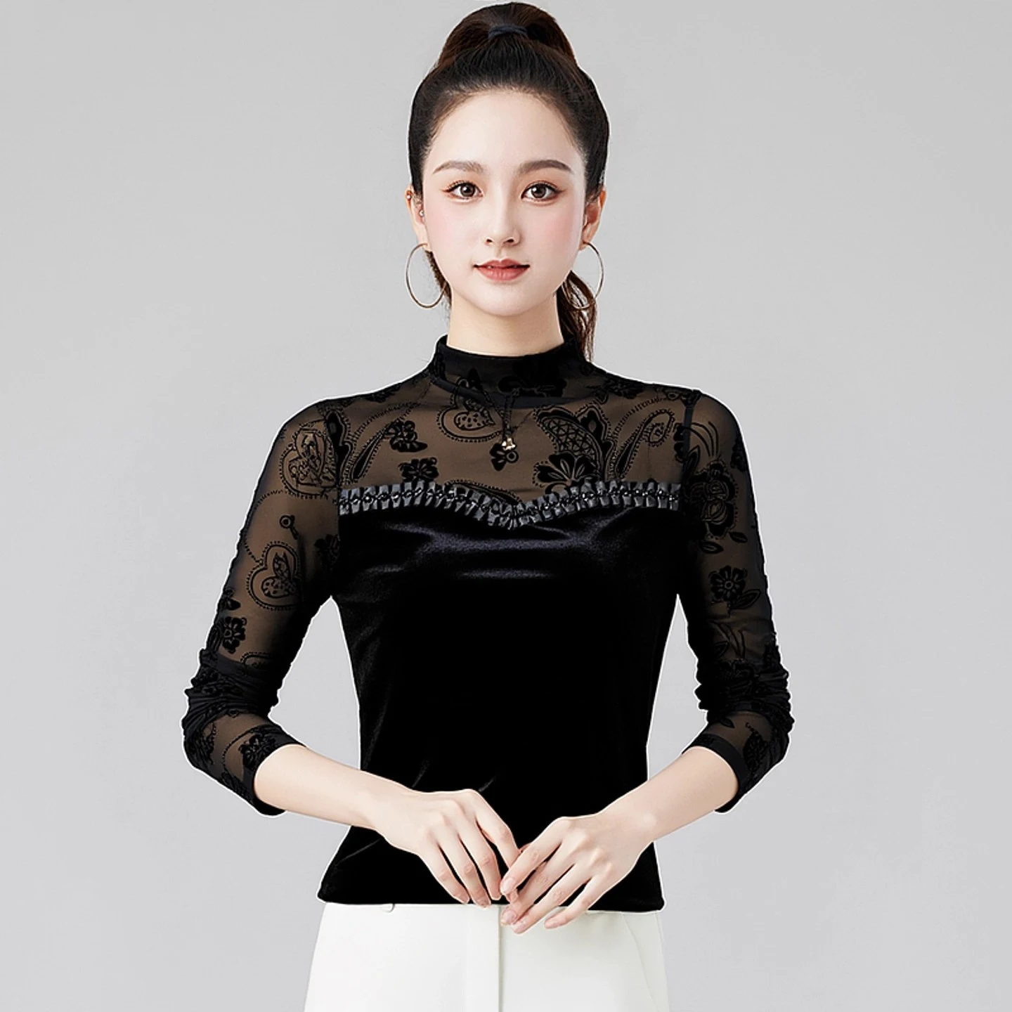 

Mesh Print Lace Top Latin Dance Training Top Women's National Standard Dance Chacha Rumba Tango Modern Dance Costumes DQL12074