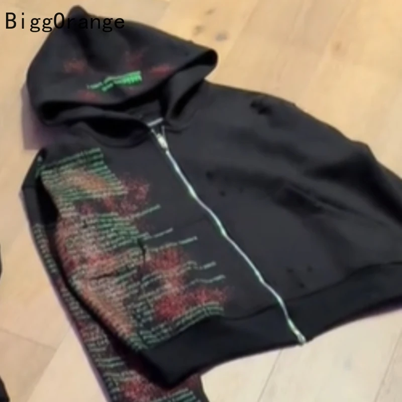 Весенне-осенняя толстовка с капюшоном, куртка Y2K, кардиган с принтом в стиле ретро, мужские повседневные уличные спортивные брюки, комплект из двух предметов