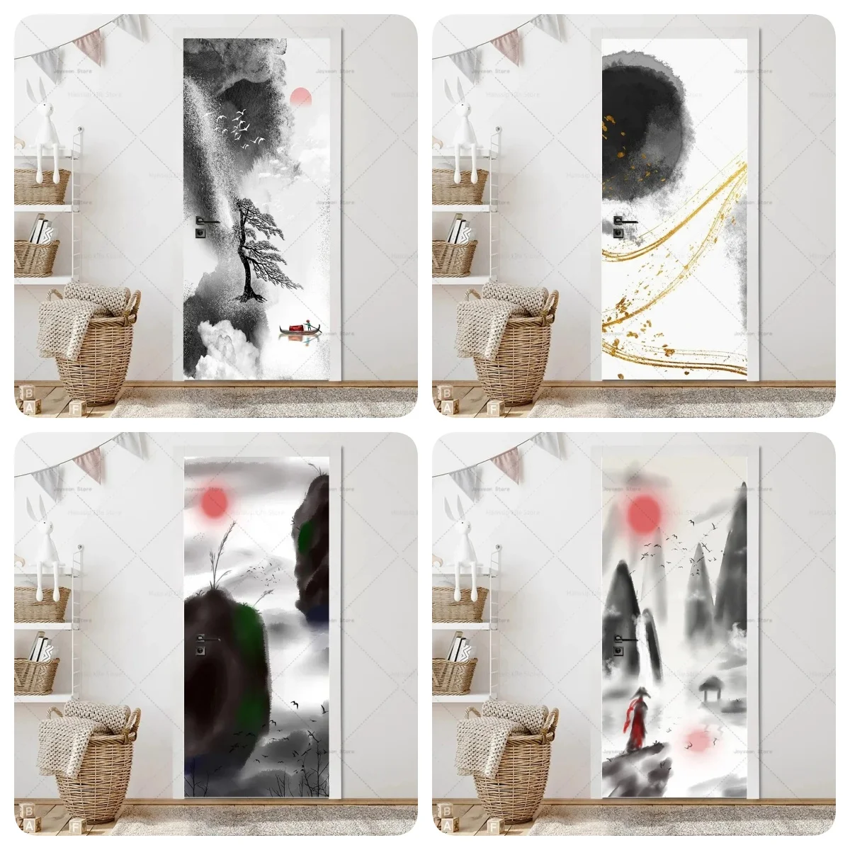 Chinese Ink Wash Landscape with Lone Pine Tree Door Sticker Self Adhesive Waterproof Anti Scratch Door Decals for Zen Home Decor