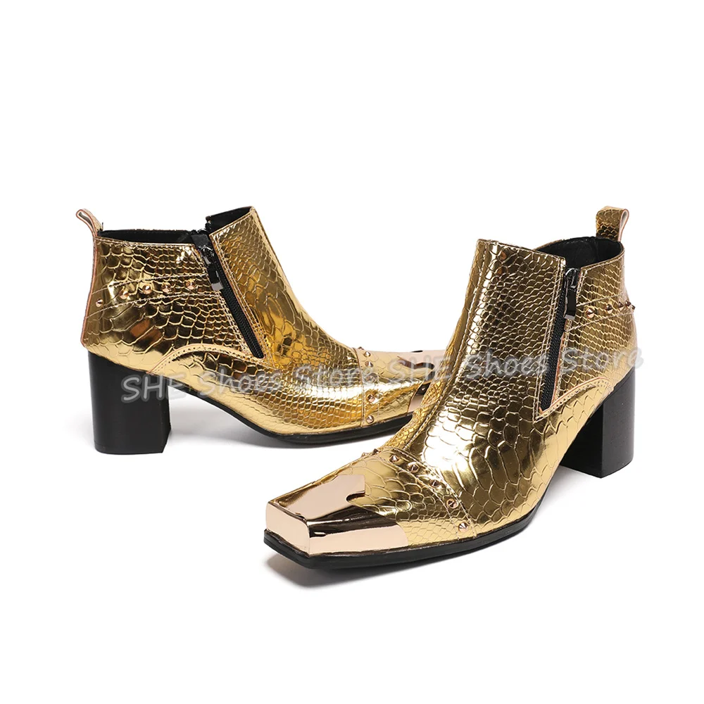 Genuine Leather Snake Print Ankle Boots Male Square Metal Toe Rivet Chunky Heel Chelsea Boots British Style Stage Party Boots