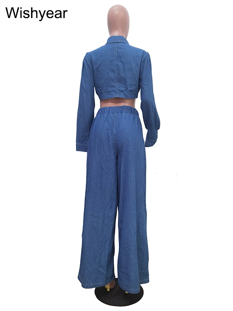 Fashion Denim 2 Pieces Pants Women Set Long Sleeve Crop Jacket and Wide Leg Jeans Suit Elegant Loose Streetwear Blue Outfit New