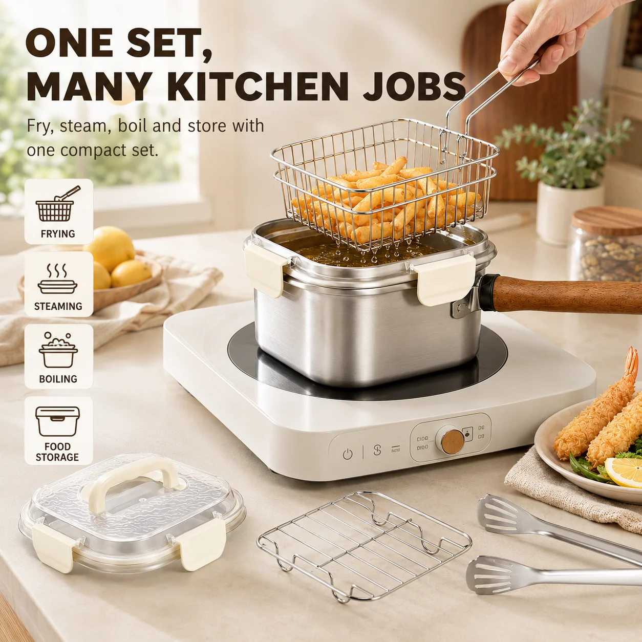 Uwhise Square Fryer Pot Stainless Steel Saucepan Deep Fryer Pot With Basket Storage Container Detachable Handle Camping Cookware