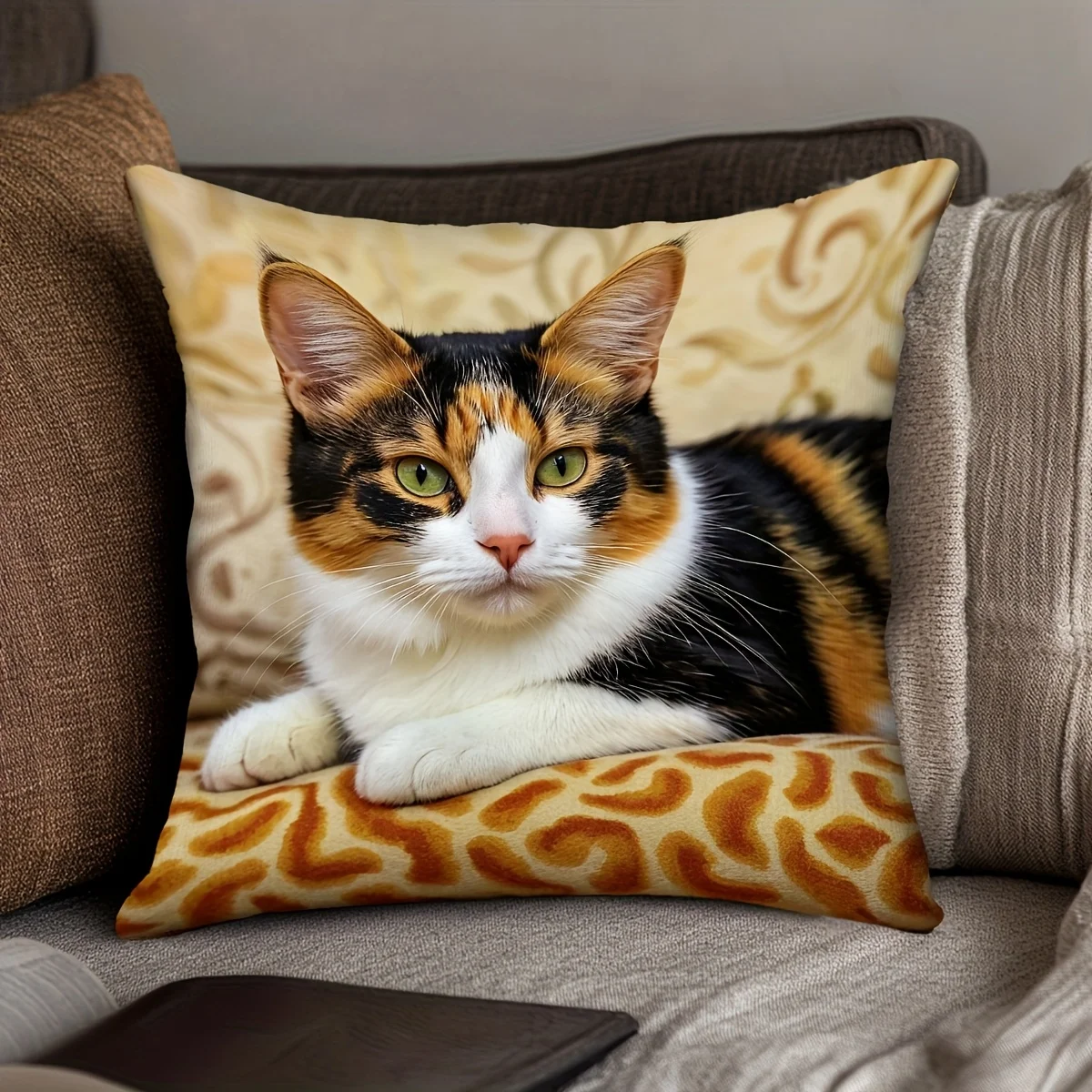 Cute Calico Cat Pillow Case, Realistic Tricolor Feline Print Cushion Cover, Pet Lover Home Decor for Sofa Bedroom Living Room