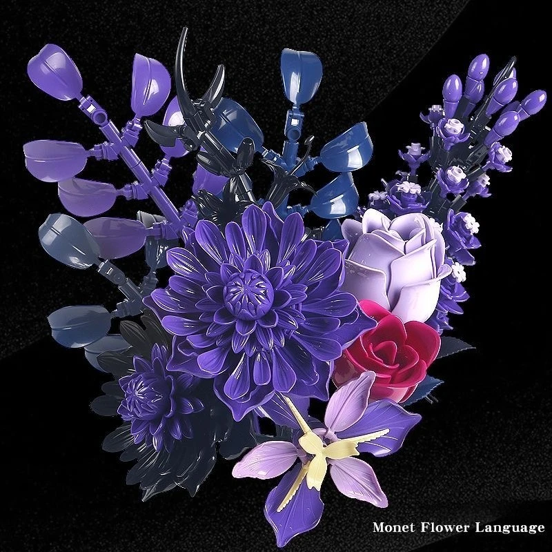 

Романтические черные розы и моне, серия Discourse, букет, строительные блоки, домашний офис, стол, сборка растений, кирпичи, женские подарки