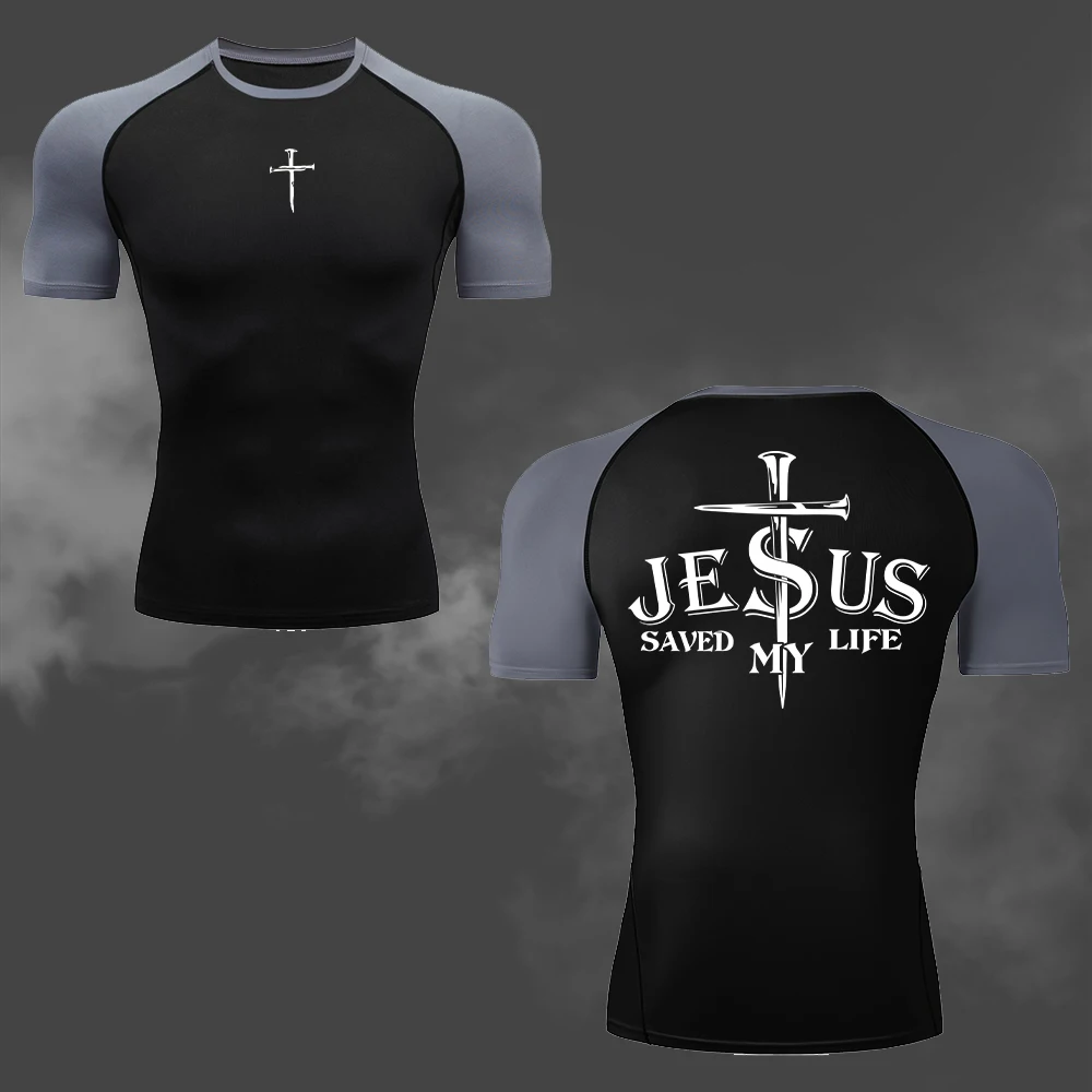Men's Jesus Cross Double Print Compression T-Shirt Quick Drying And Breathable Short Sleeve Fitness Gym Running Training Top