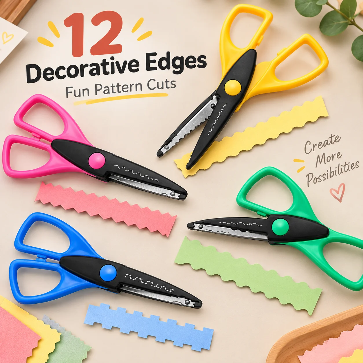 12-Piece Decorative Edge Scissors Set, 12 Unique Cut Designs, Plastic Safety Scissors for School Craft Activities