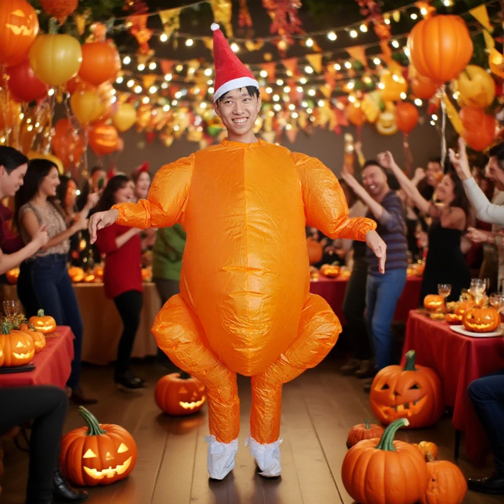 Inflatable turkey costume with Christmas hat, funny jumpsuit costume for Thanksgiving themed party