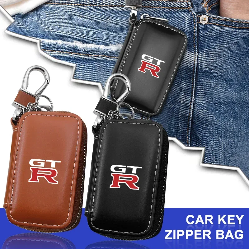 

1Pcs Leather Emblem Car Key Case Keychain Zipper Key Case Bag for Nissan GTR X-trail Tiida Qashqai J10 J11 Leaf Kicks Hub Caps