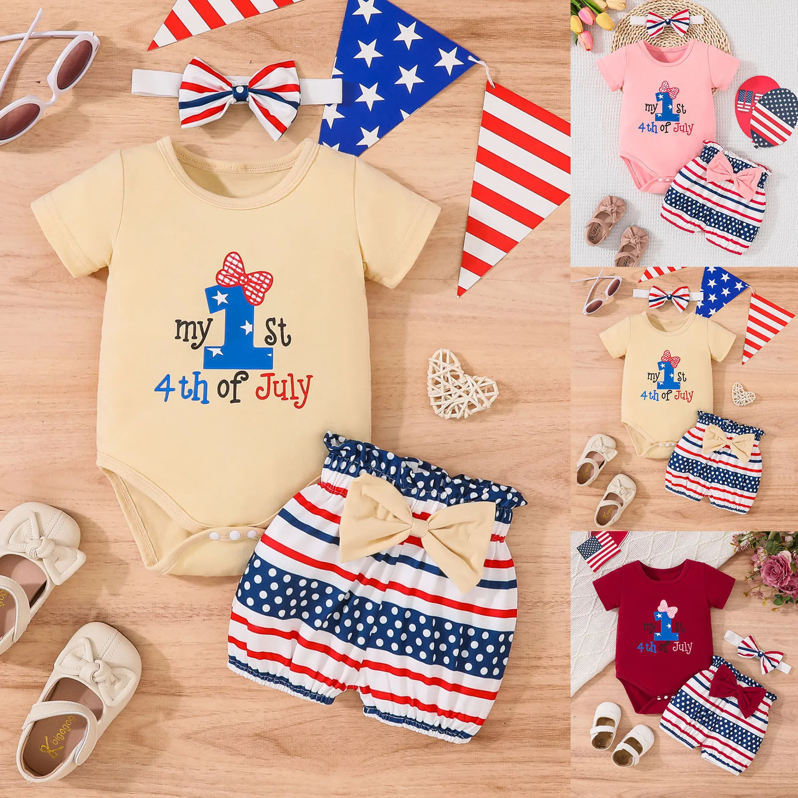 

3pcs My First Independence Day Baby Girls Boys Clothes Sets 0-18M Short Sleeve Letter Prints Romper+Striped Shorts With Headband